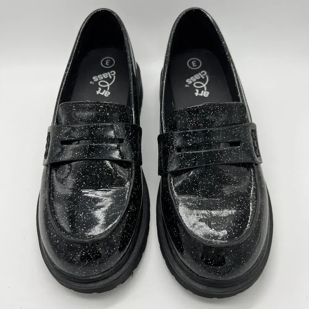 Art Class Girl's Glitter Celia Loafers Black Sparkle Size 3 Chunky Soles Preppy